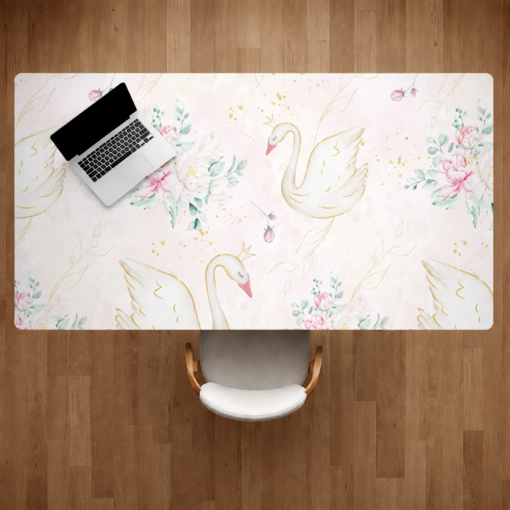 Pastel Watercolor Swan Floral Pattern Desk Pad