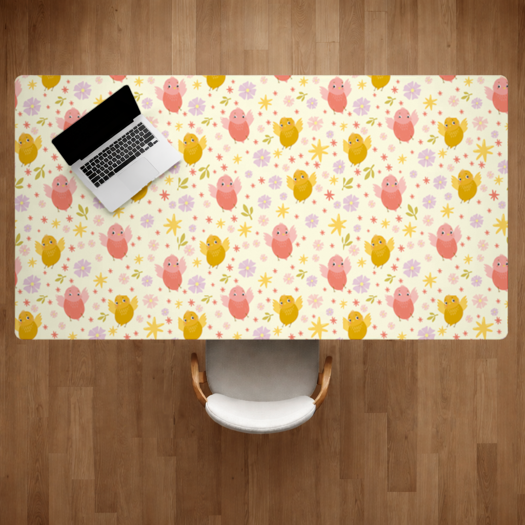 Cute Birds and Floral Pastel Spring Pattern Illustration Desk Pad
