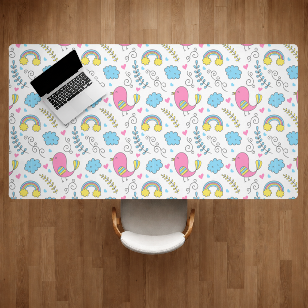 Cute Pink Bird and Rainbow Kids Pattern Desk Pad