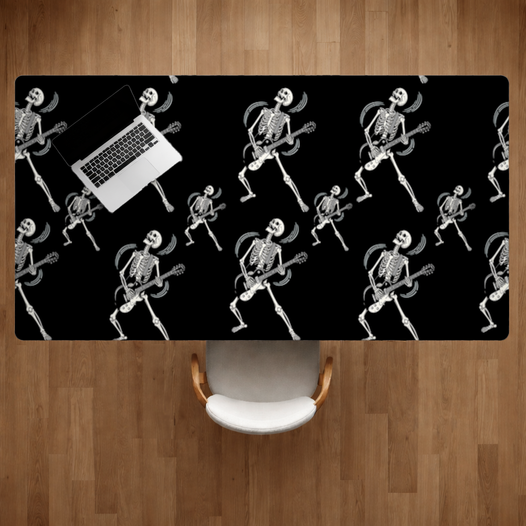Rock Guitar Playing Skeleton Pattern on Black Desk Pad