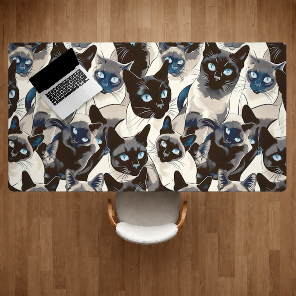 Blue Eyed Siamese Cat Elegant Illustration Pattern Desk Pad