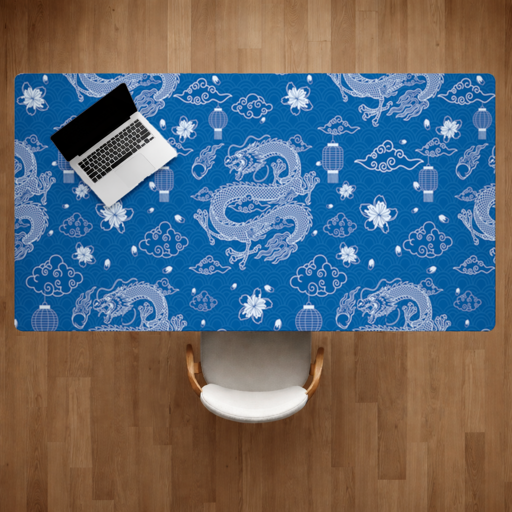 Traditional Dragon Pattern on Blue Background Desk Pad
