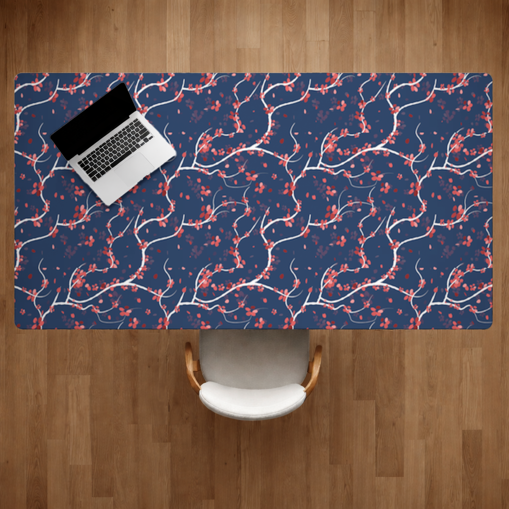 Red Floral Branch Pattern on Navy Background Desk Pad