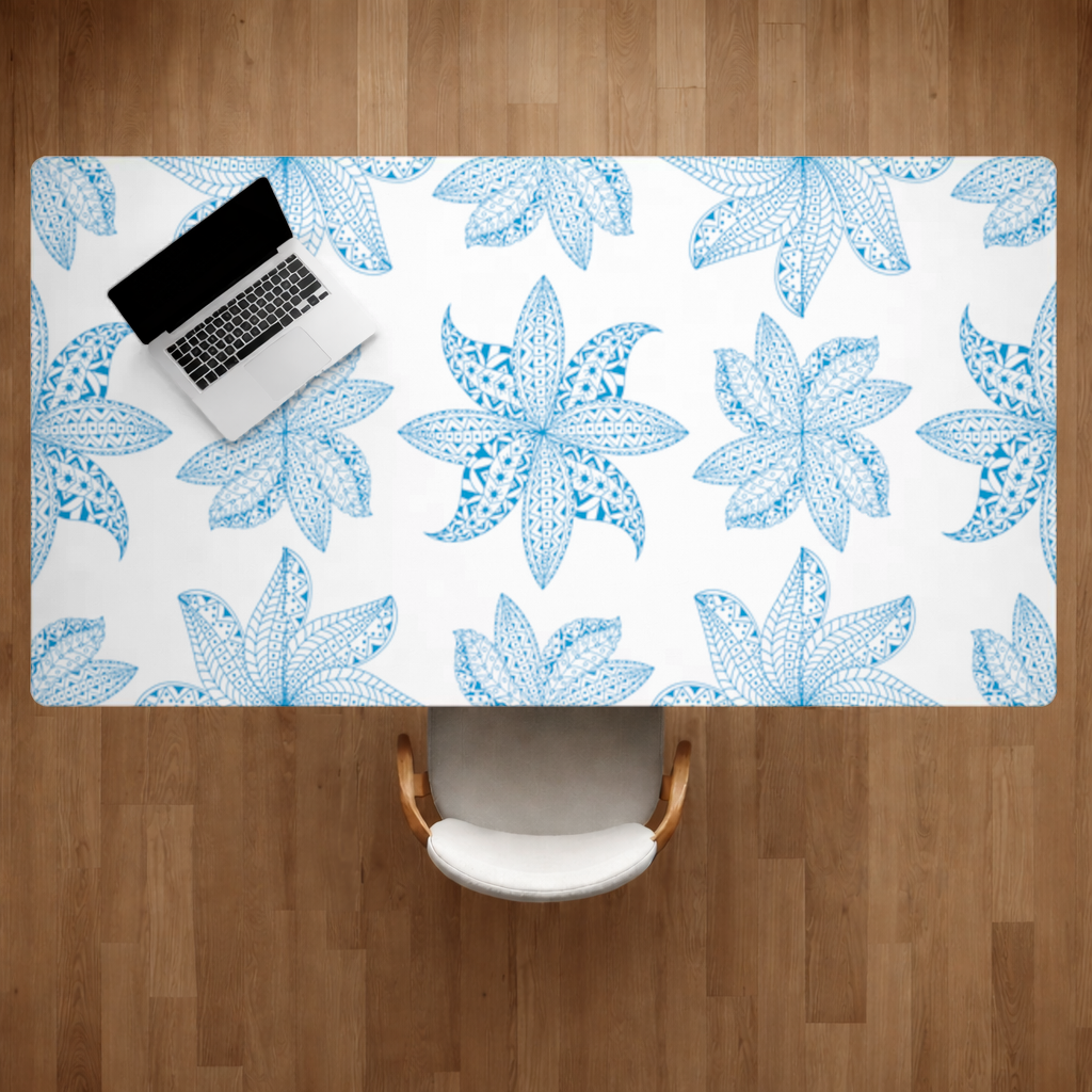 Blue Mandala Floral and Leaf Zentangle Pattern Desk Pad