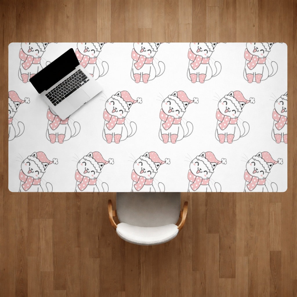 Cute Christmas Cat with Pink Polka Dot Outfit Desk Pad