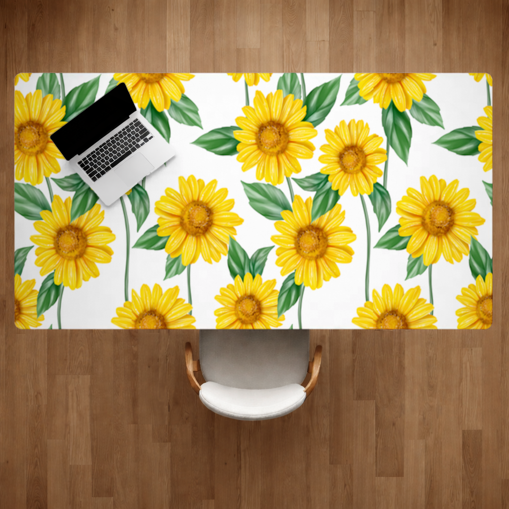 Vibrant Yellow Sunflower and Green Leaf Pattern Illustration Desk Pad