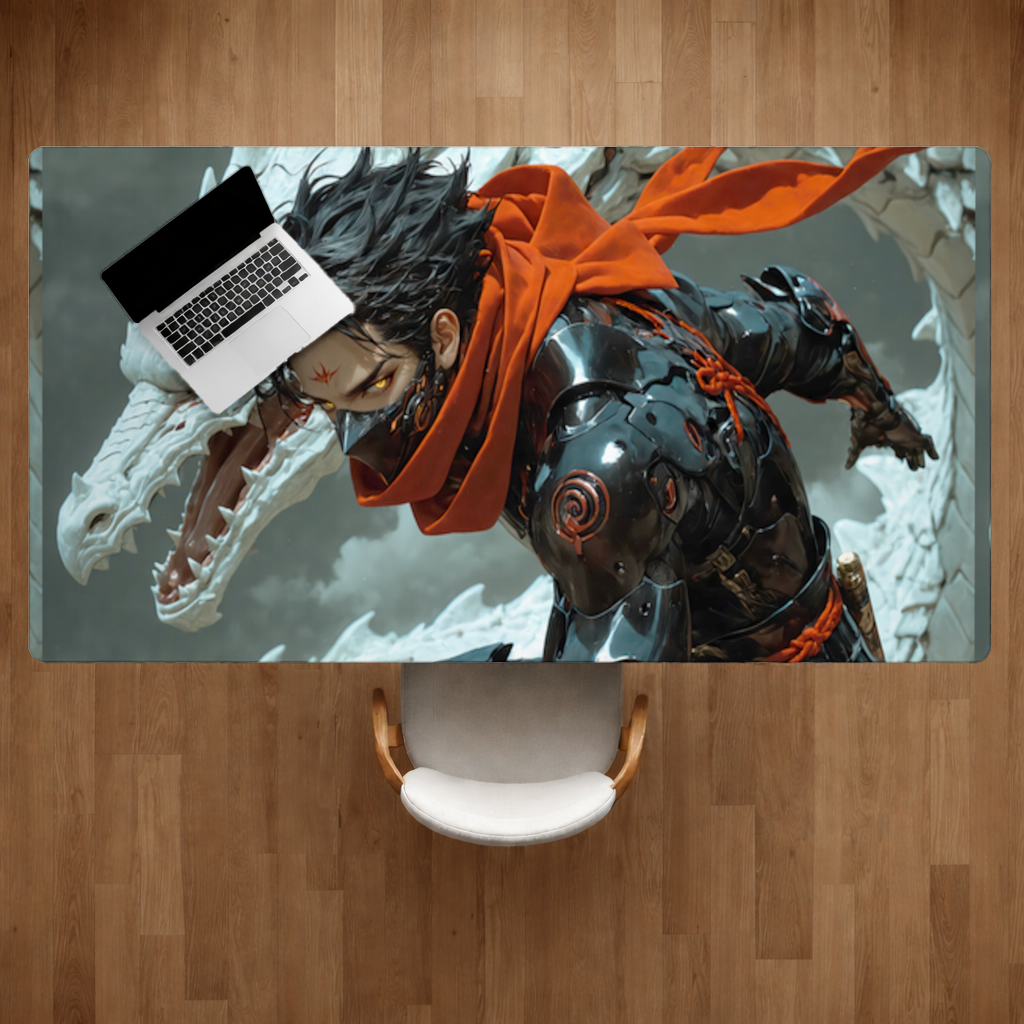 Dark Anime Warrior with Red Cloak and Dragon Desk Pad