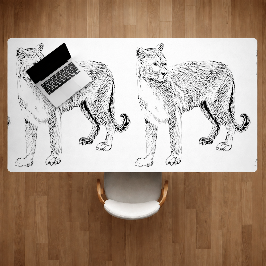 Siyah Beyaz Vahşi Kedi Eskiz Çizimi Masa Matı