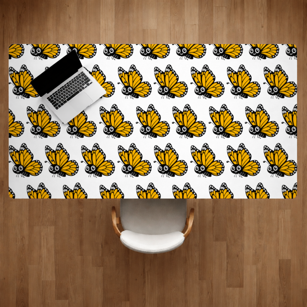 Smiling Orange Monarch Butterfly Character Desk Pad