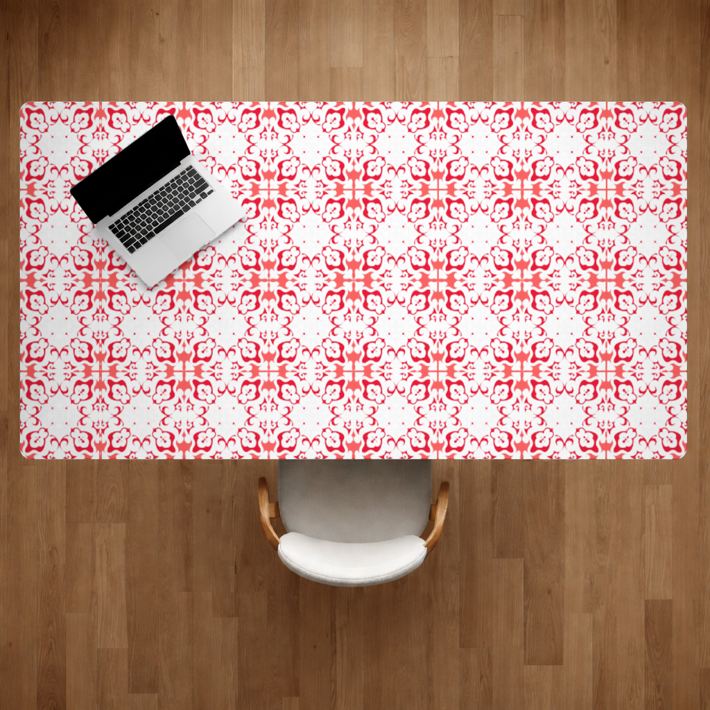 Red and White Traditional Tile Style Pattern Desk Pad