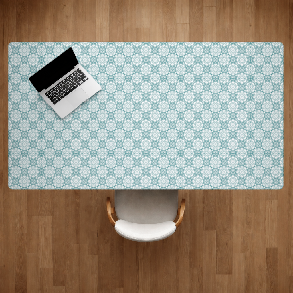 Blue Pixelated Geometric Ornament Pattern Desk Pad