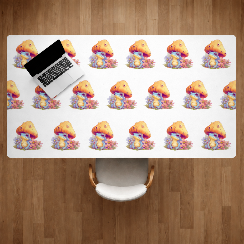 Blue Frog Resting Under Orange Mushroom Desk Pad