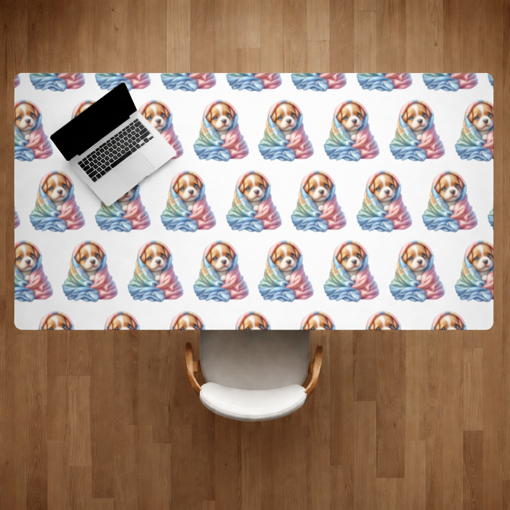 Cute Puppy Wrapped in Colorful Blanket Desk Pad