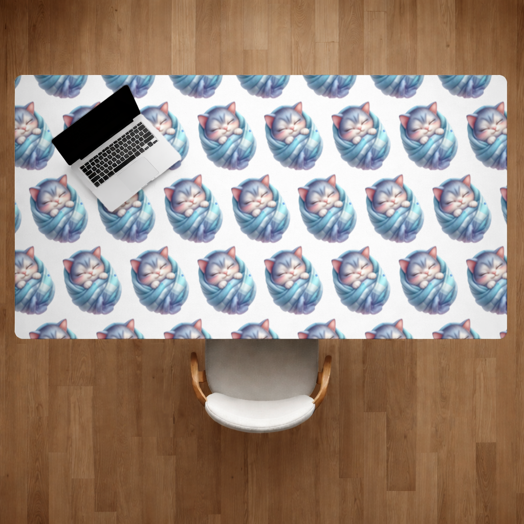 Kawaii Sleeping Kitten in Blue Swaddle Desk Pad