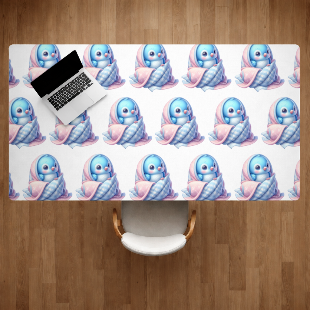 Kawaii Blue Bird in Blanket Desk Pad