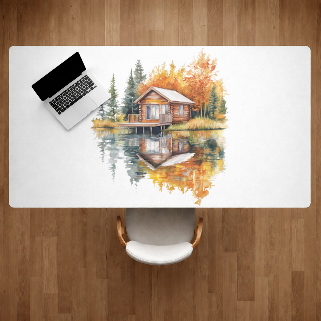 Lakeside Log Cabin Autumn Landscape Desk Pad
