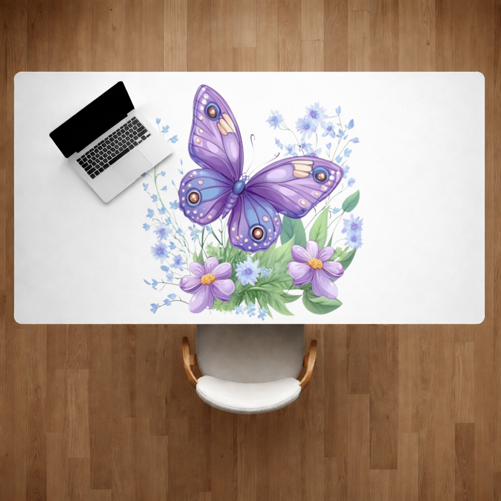 Mor Kelebek ve Mavi Kır Çiçekleri Masa Matı