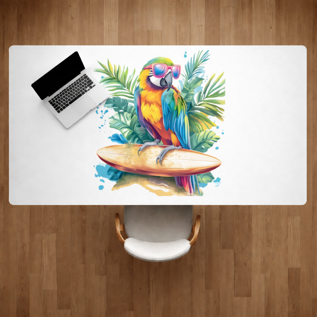 Surfing Parrot with Pink Sunglasses Desk Pad