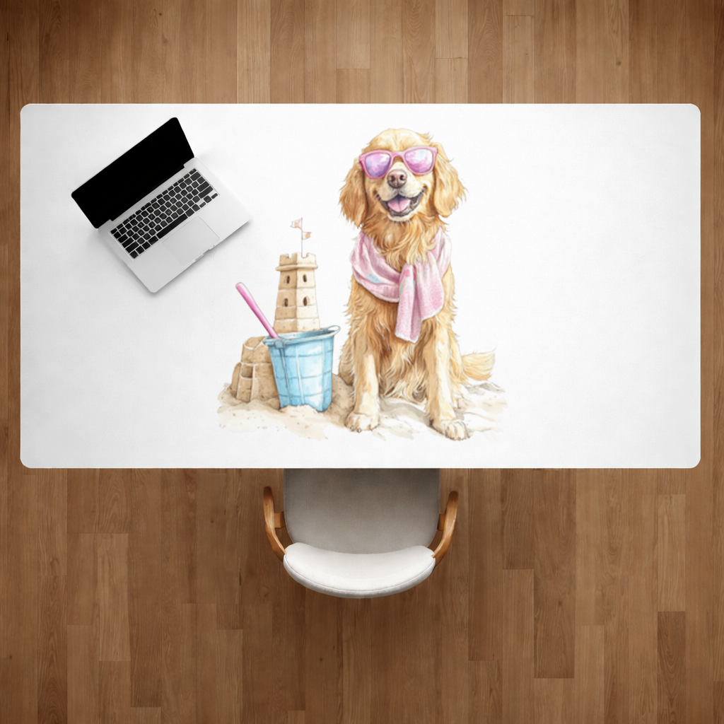 Plajda Pembe Gözlüklü Golden Retriever Masa Matı