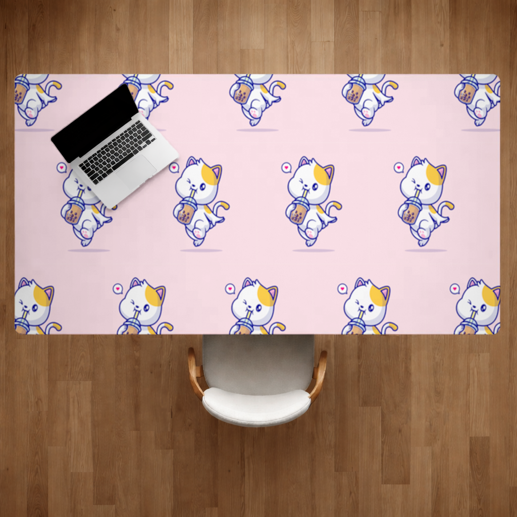 Kawaii Cat Drinking Boba Tea Desk Pad