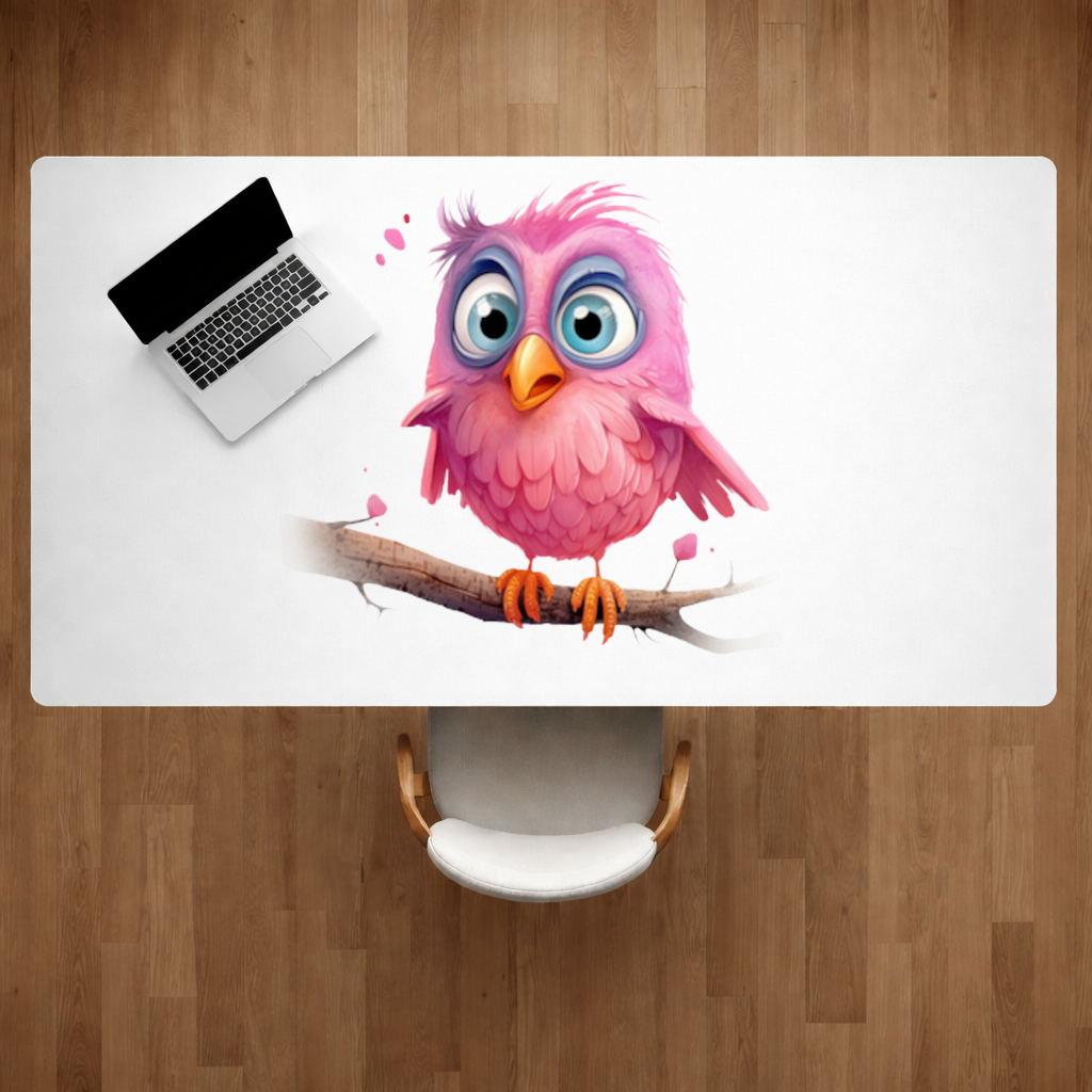 Cute Pink Bird with Large Blue Eyes Desk Pad