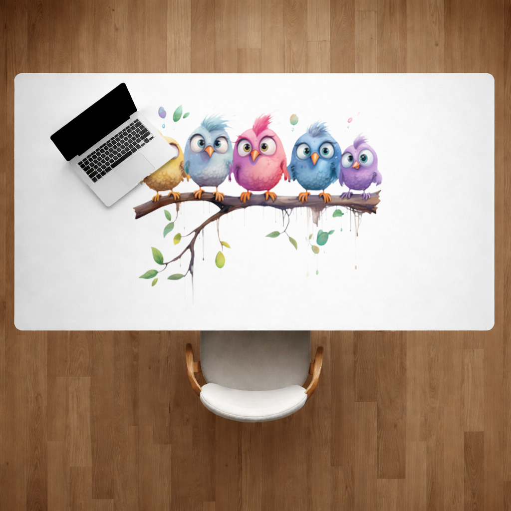 Five Colorful Kawaii Birds on Branch 