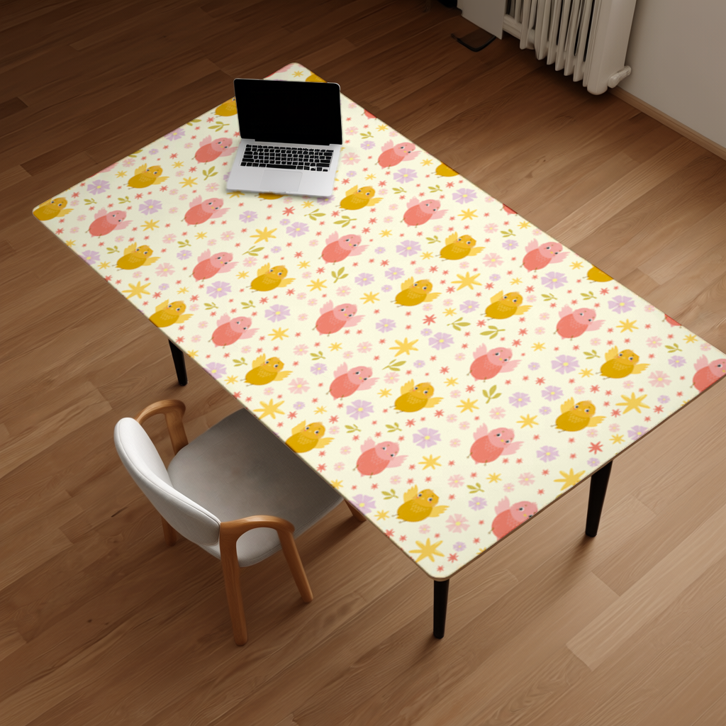 Cute Birds and Floral Pastel Spring Pattern Illustration Desk Pad