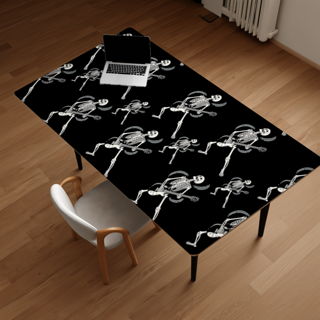 Rock Guitar Playing Skeleton Pattern on Black Desk Pad