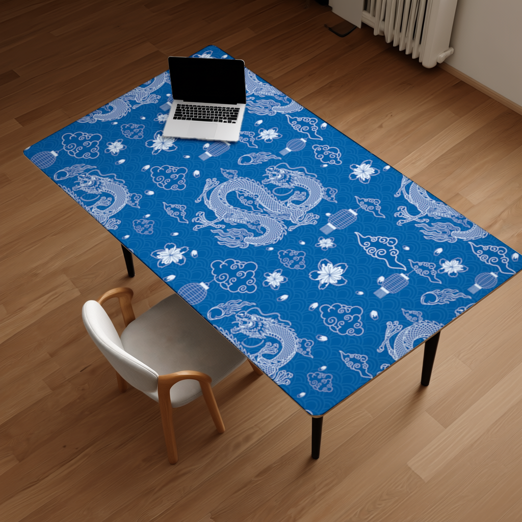 Traditional Dragon Pattern on Blue Background Desk Pad