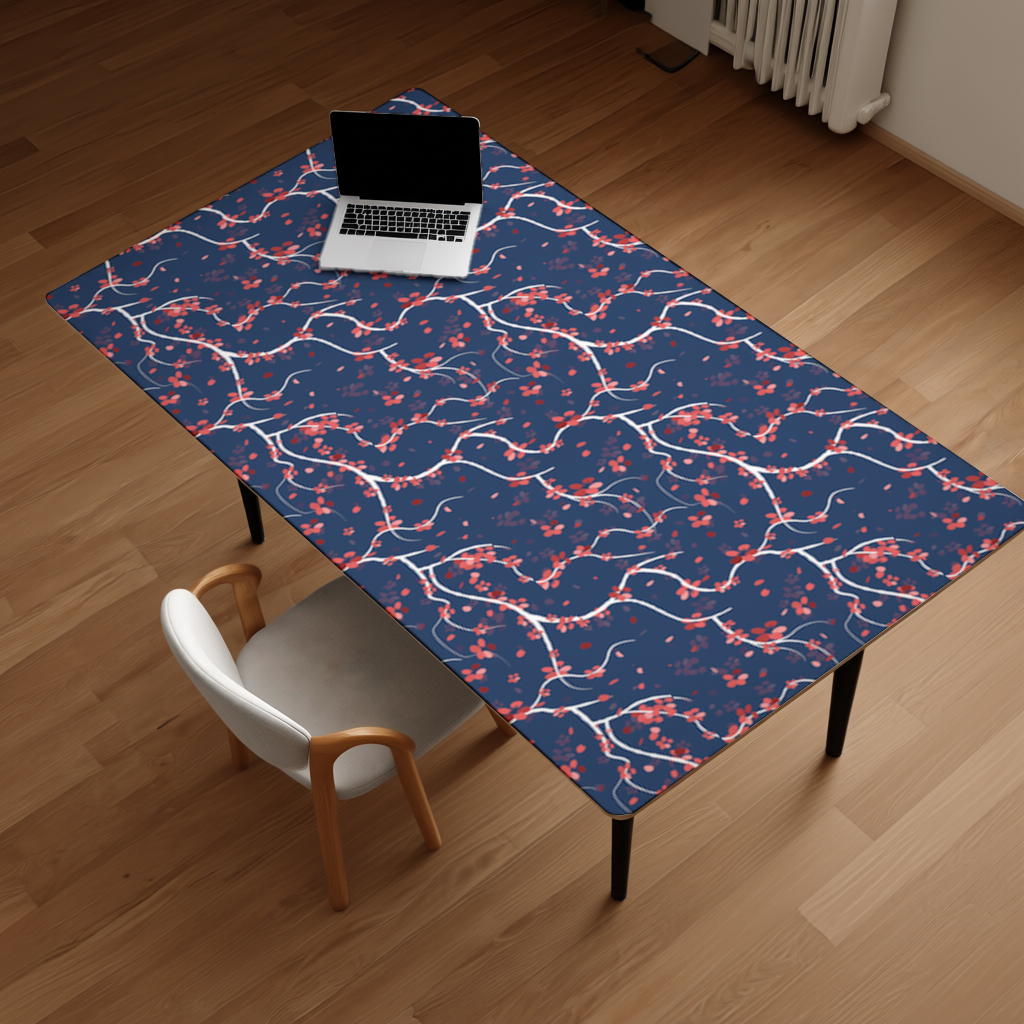 Lacivert Zemin Üzerinde Kırmızı Çiçekli Dal Deseni Masa Matı