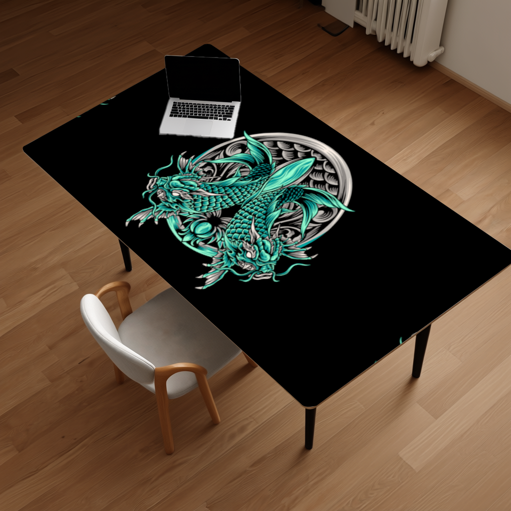 Turquoise Twin Dragon Emblem Design Desk Pad