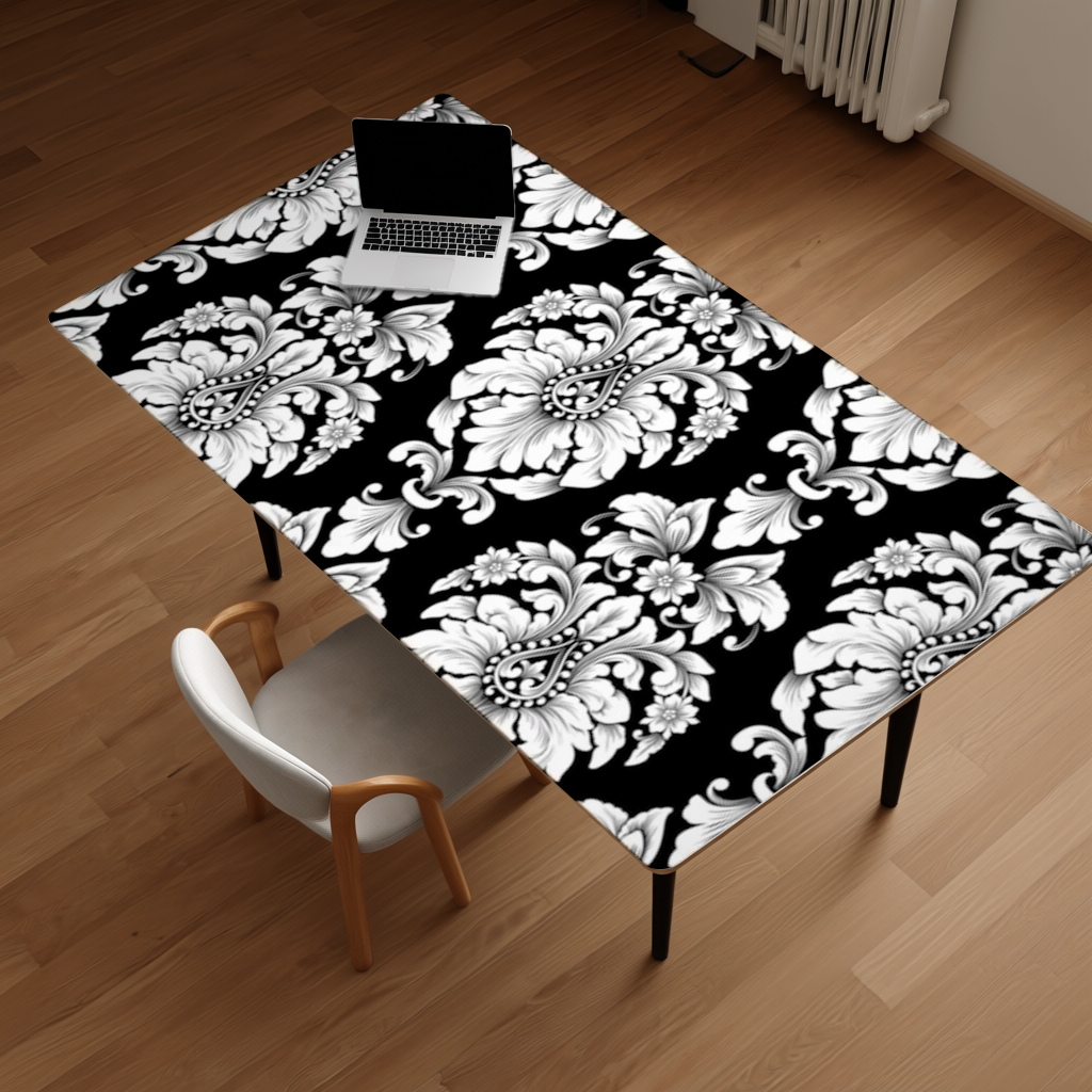 Black and White Baroque Floral Pattern Desk Pad