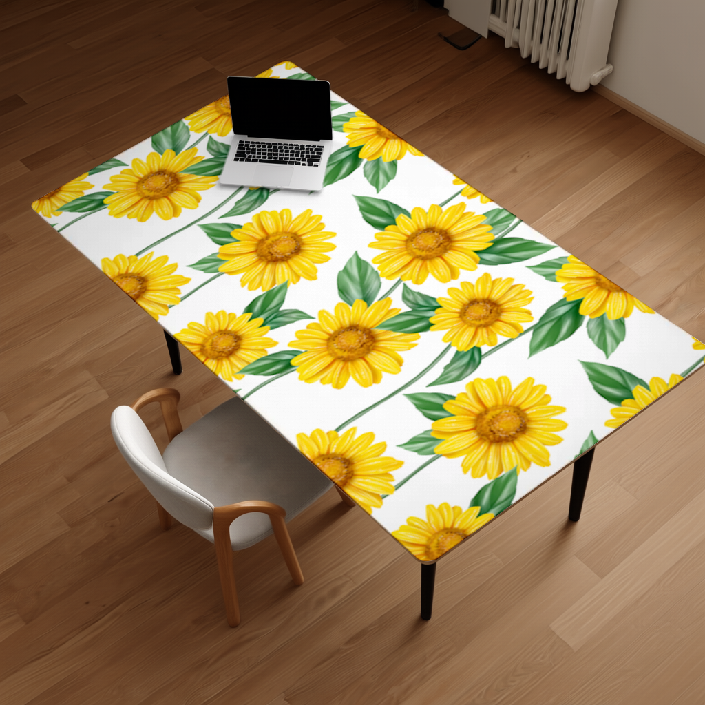 Vibrant Yellow Sunflower and Green Leaf Pattern Illustration Desk Pad