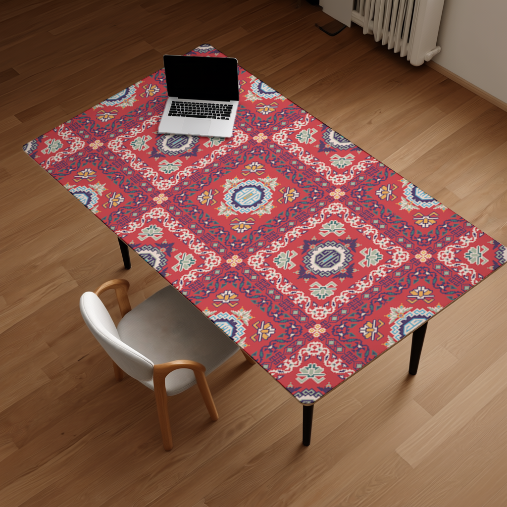 Traditional Kilim Inspired Red Ethnic Geometric Pattern Desk Pad