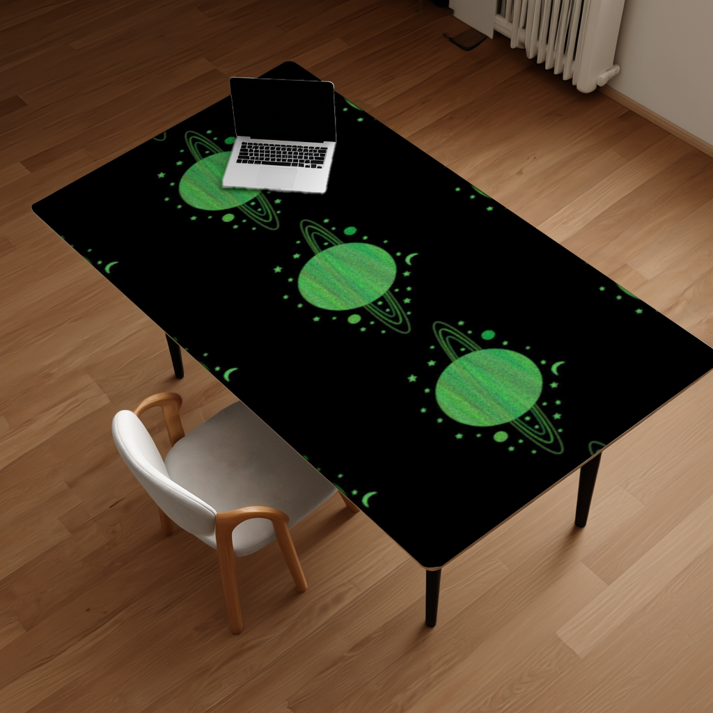 Green planets on a black background. Desk Pad