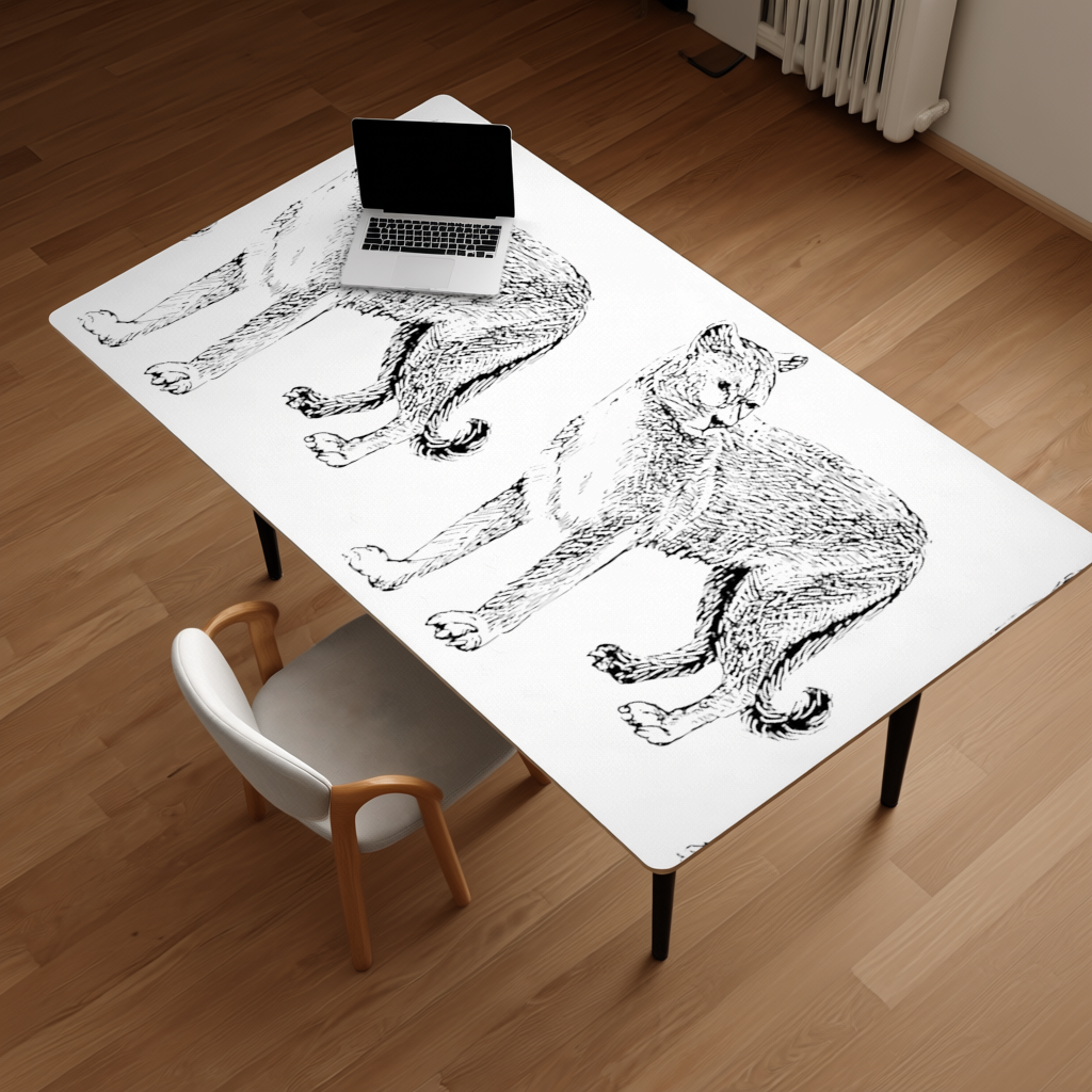 Siyah Beyaz Vahşi Kedi Eskiz Çizimi Masa Matı