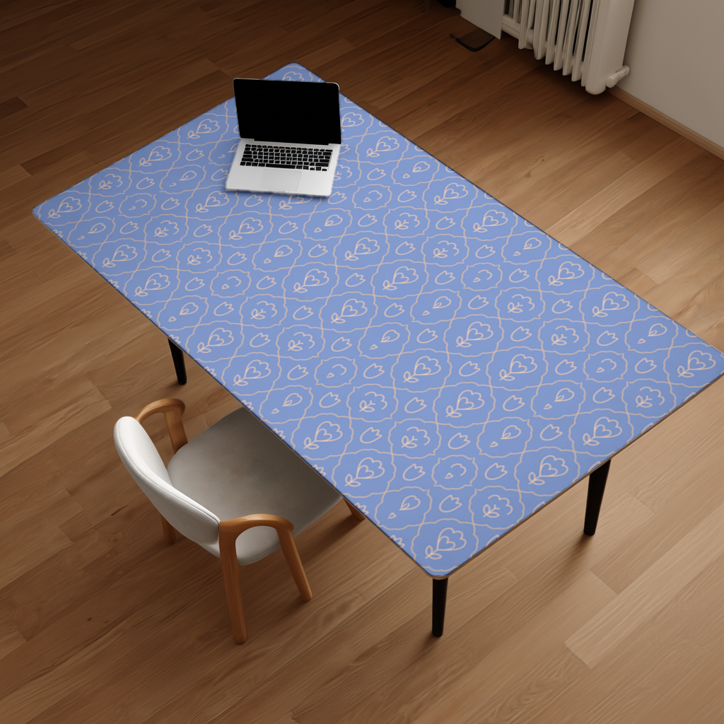 Orange Linear Floral Pattern on Blue Desk Pad