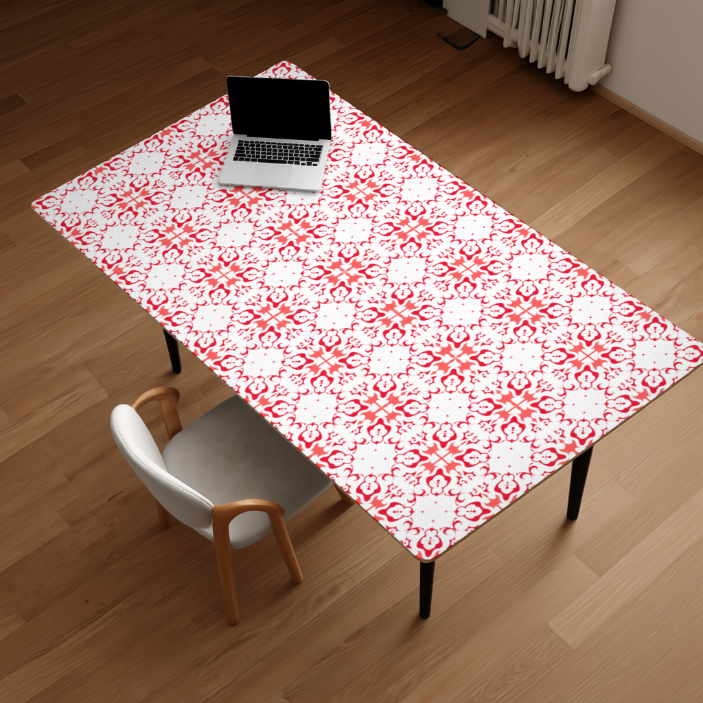 Red and White Traditional Tile Style Pattern Desk Pad