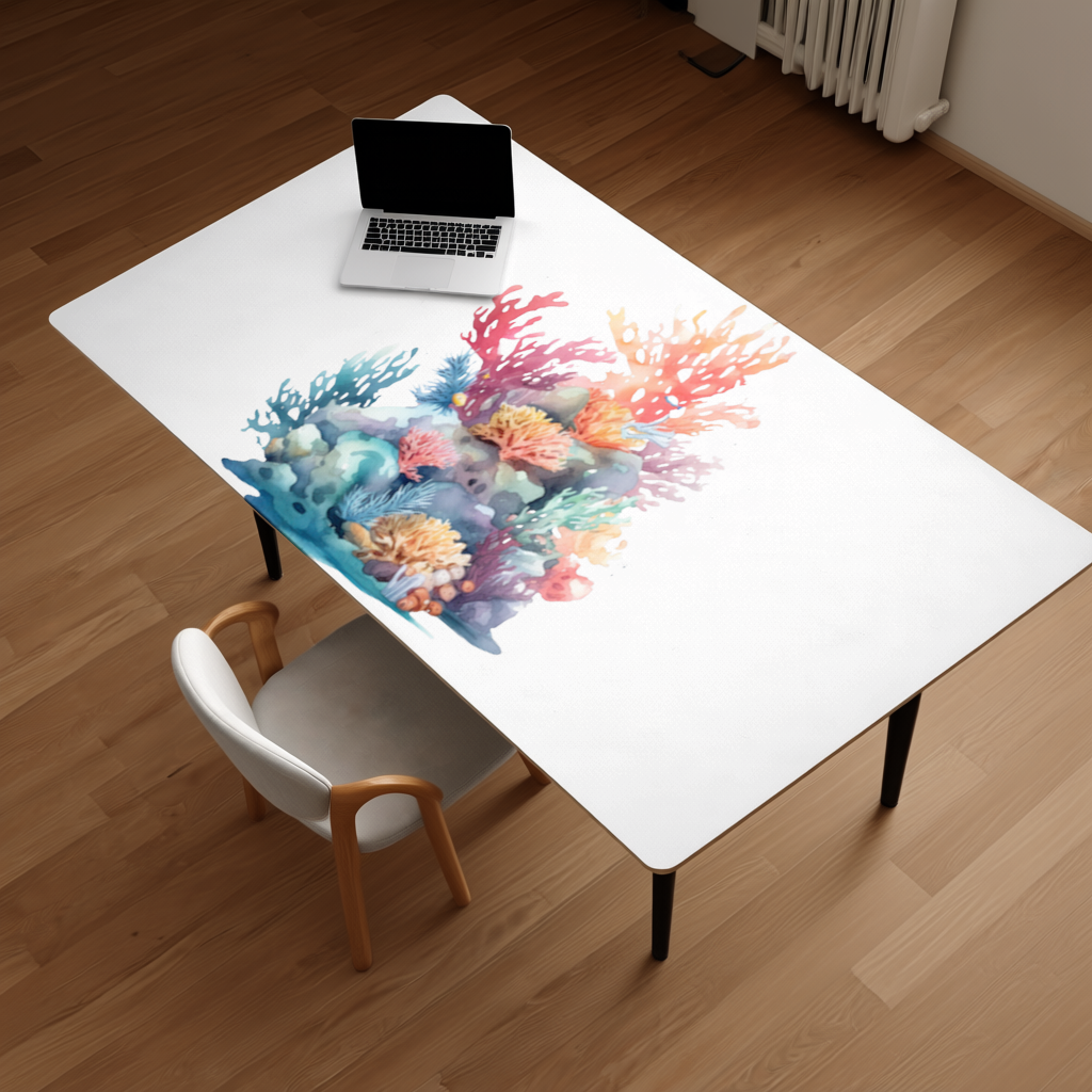 Vibrant Watercolor Coral Reef Scene Desk Pad