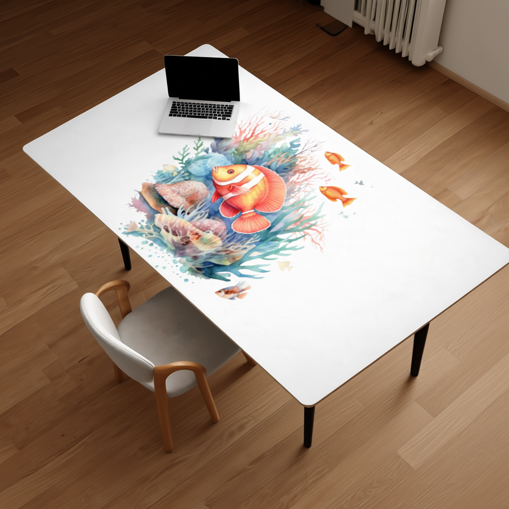Watercolor Clownfish and Tropical Coral Reef Desk Pad