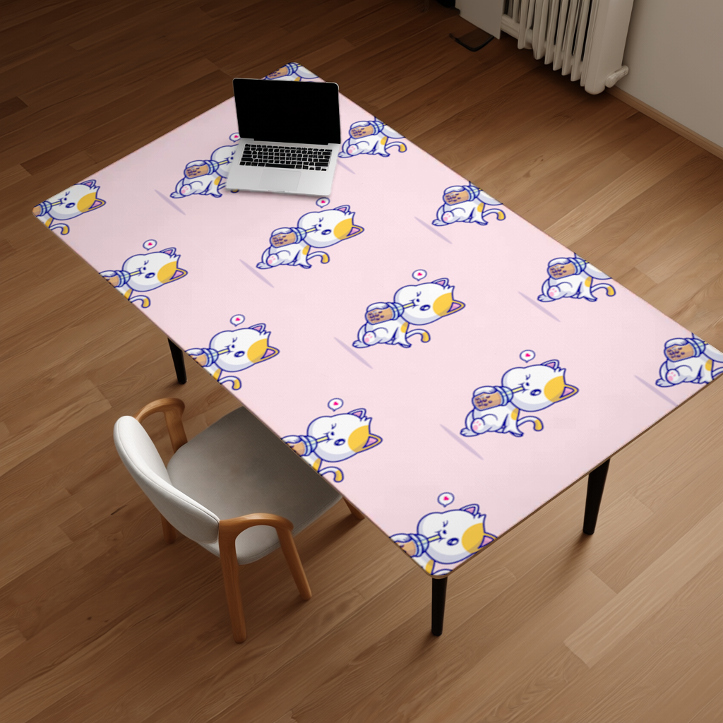 Boba Çayı İçen Kawaii Kedi Masa Matı