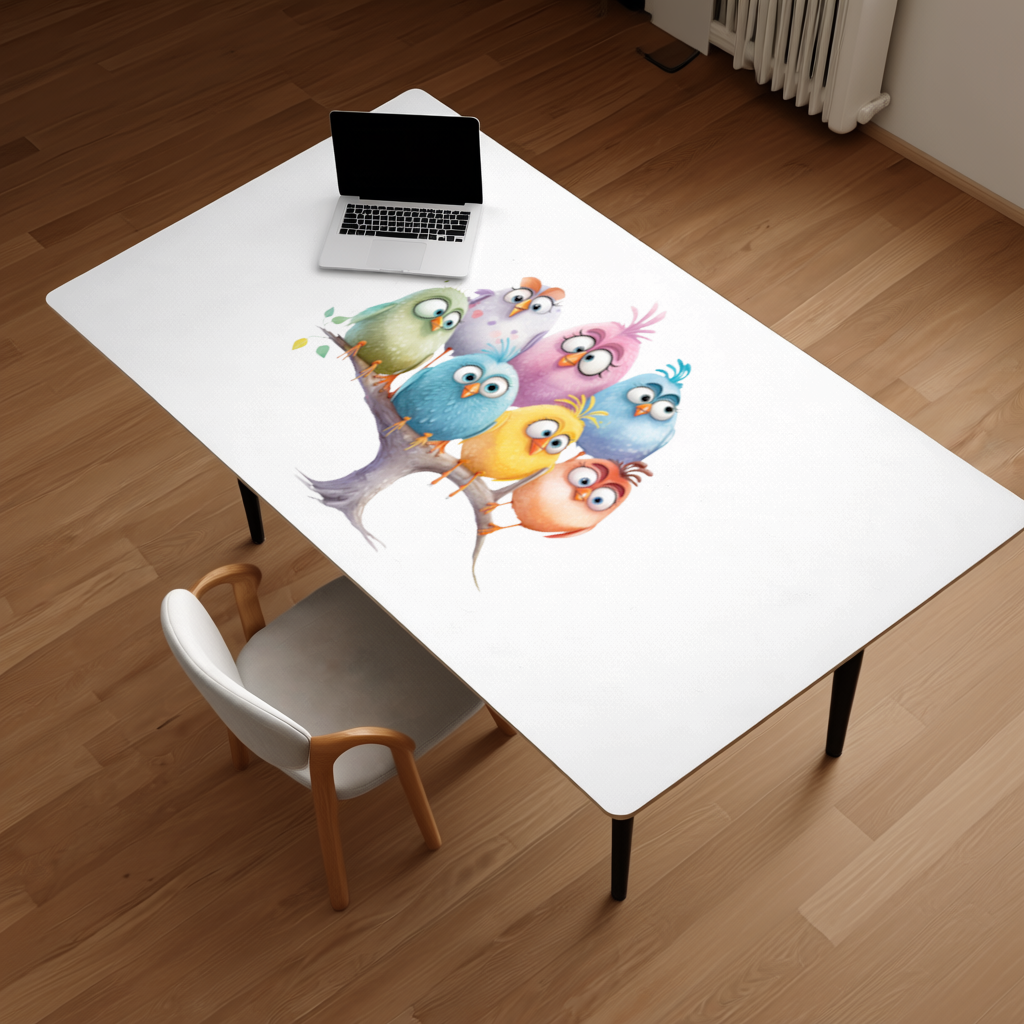Whimsical Colorful Birds on Branch Desk Pad