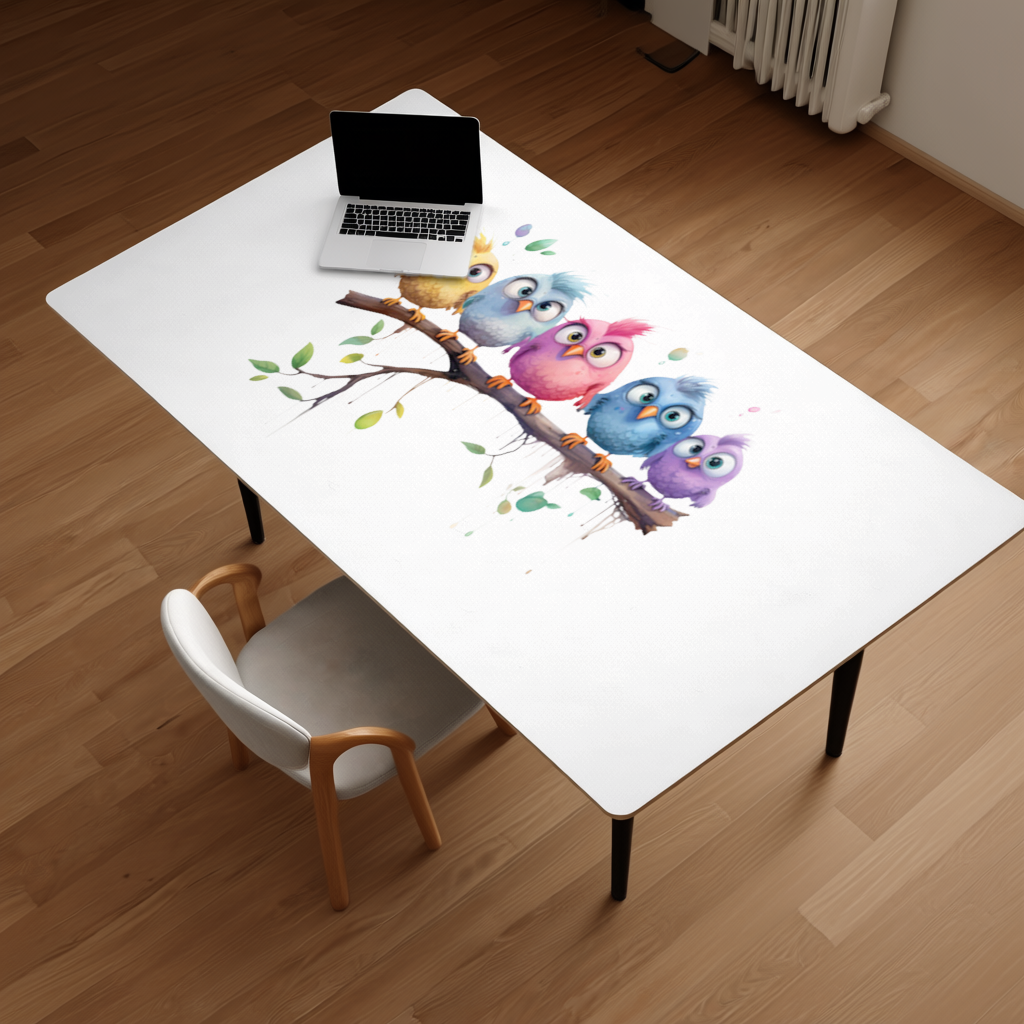 Five Colorful Kawaii Birds on Branch Desk Pad