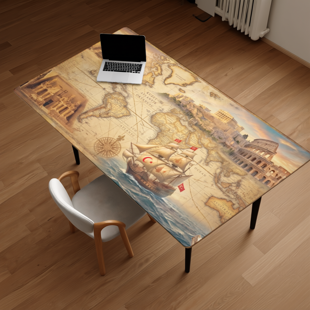 Retro World Map with Ancient Ruins Concept Desk Pad