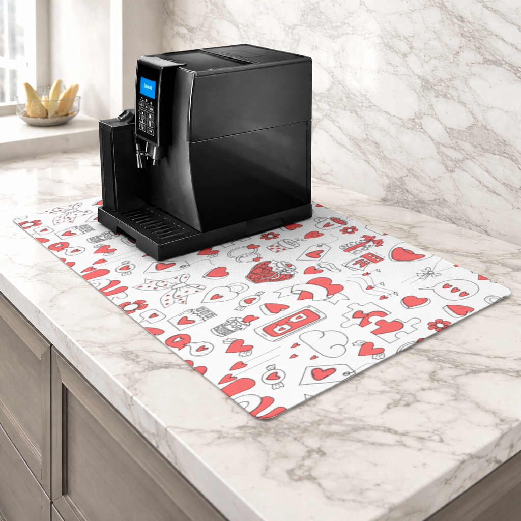 Valentines Day Doodle Love Heart Pattern Cute Design Coffee Machine Base Mat