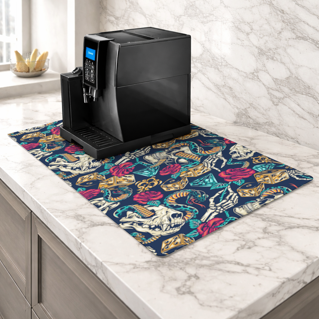 Skull Snake Dice and Roses Pattern Coffee Machine Base Mat