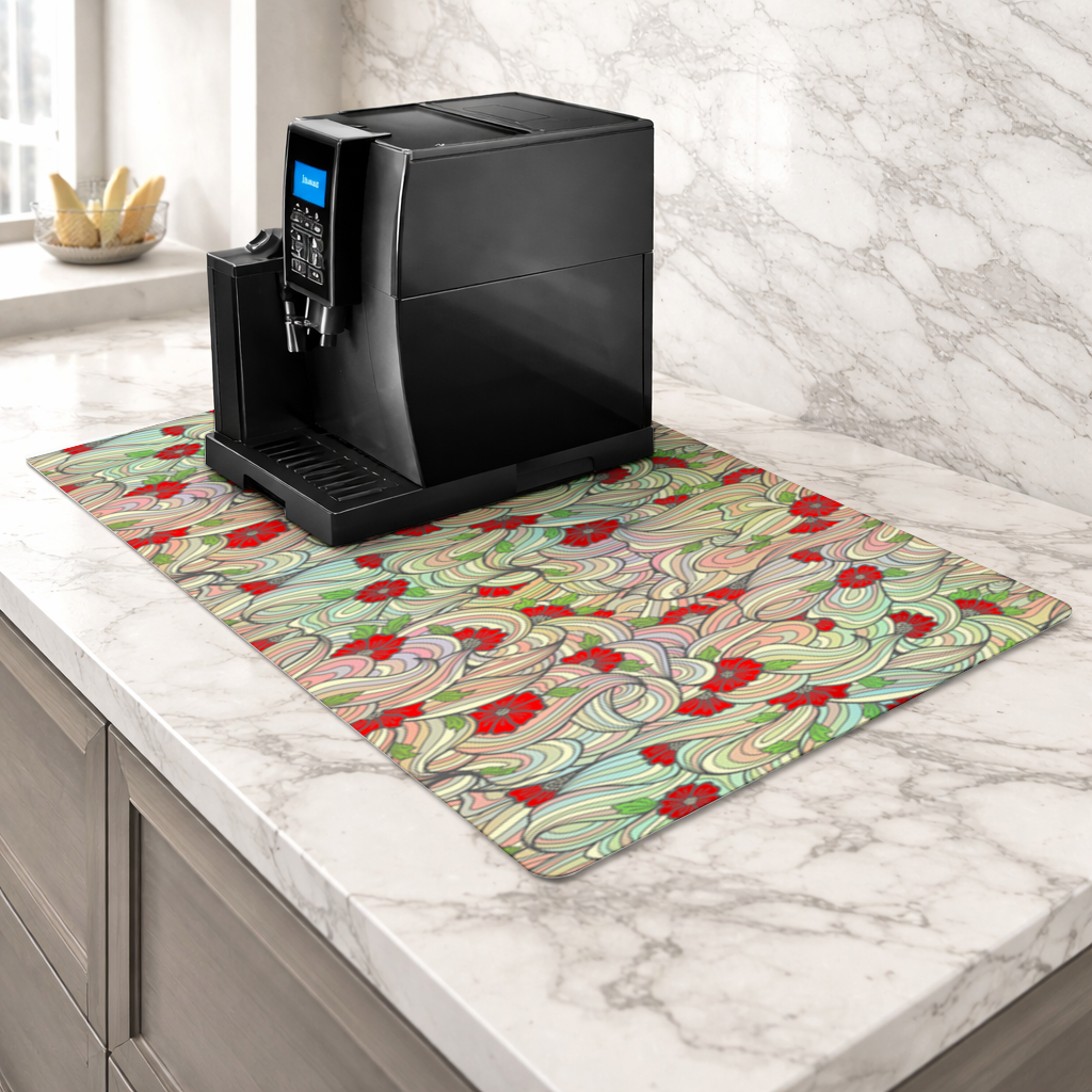 Floral Retro Wavy Pattern Coffee Machine Base Mat