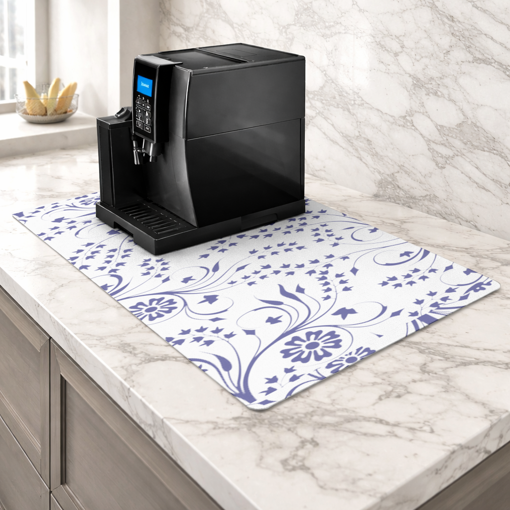 Blue White Vintage Floral Pattern Coffee Machine Base Mat