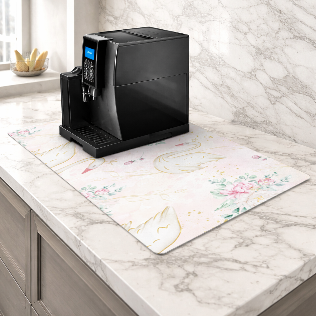 Pastel Watercolor Swan Floral Pattern Coffee Machine Base Mat