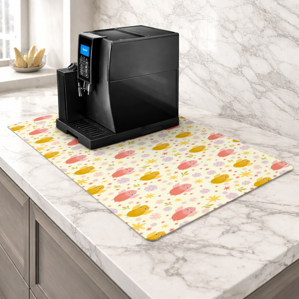 Cute Birds and Floral Pastel Spring Pattern Illustration Coffee Machine Base Mat